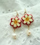 Cream And Red Flower Pearl Drop Earrings - FREE SHIPPING
