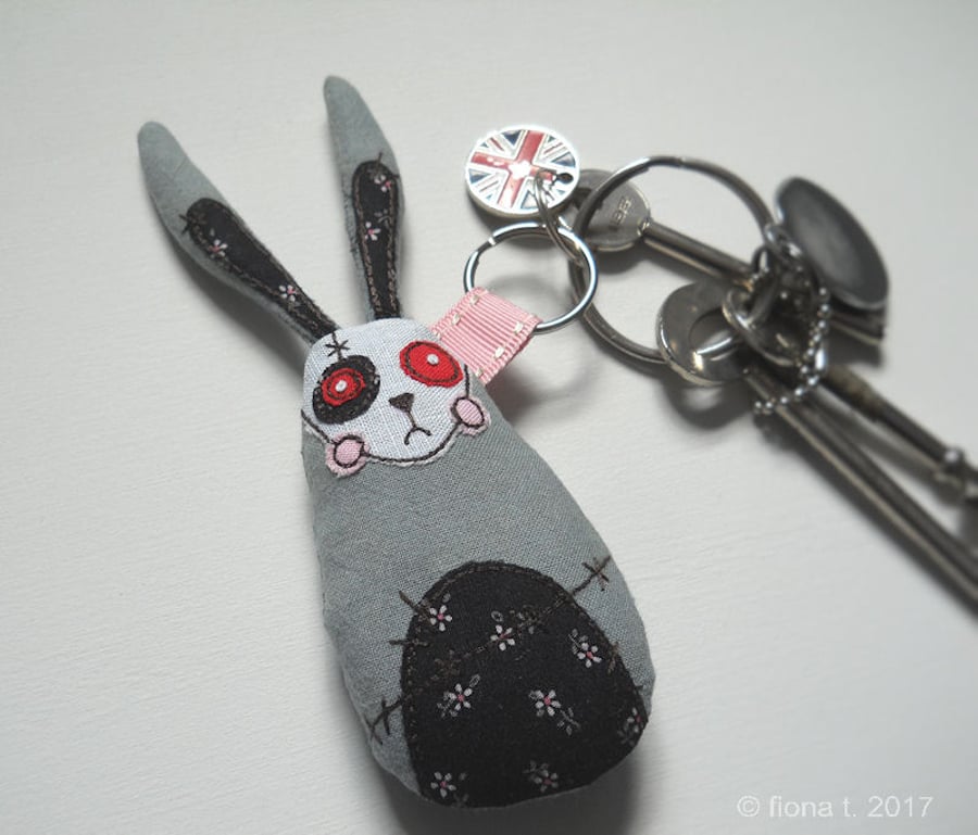 embroidered fabric keyring - zombie rabbit