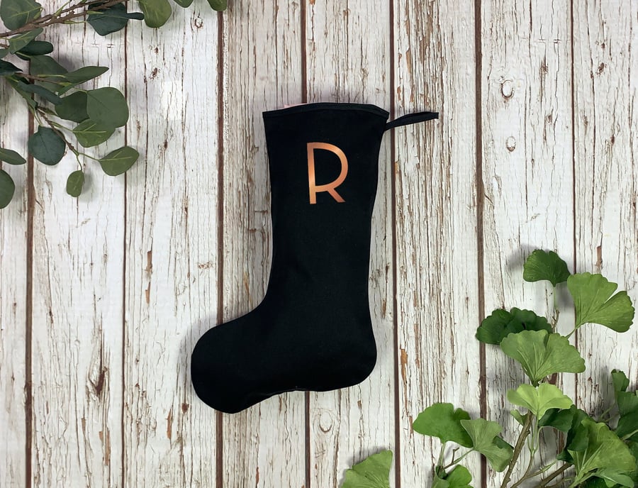 Black Christmas Stocking- Xmas initial Holiday decoration, Custom Monogram