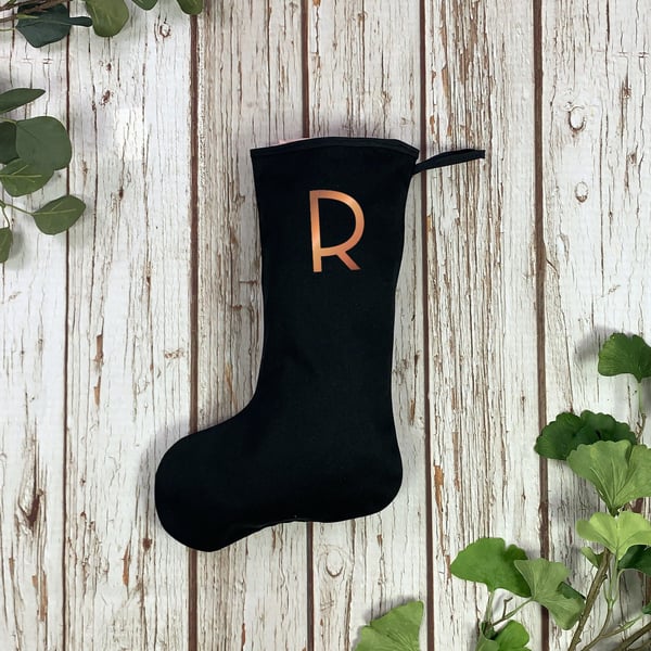 Black Christmas Stocking- Xmas initial Holiday decoration, Custom Monogram