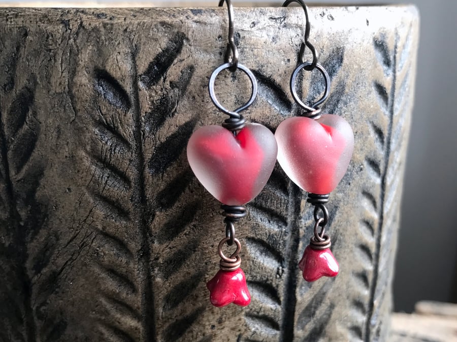 Red Lampwork Glass Heart Earrings – One of a Kind Handmade Jewellery. Gift Idea