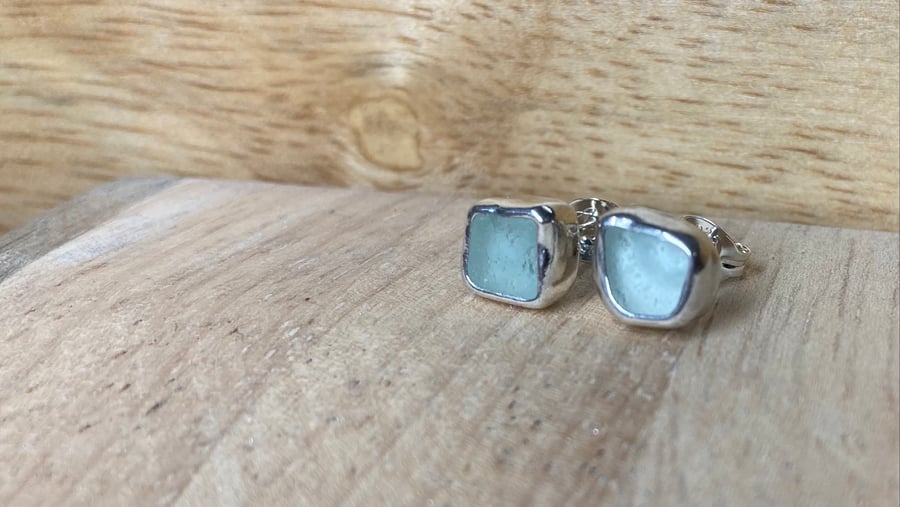 Handmade Welsh Seafoam Green Sea Glass & Silver Stud Earrings