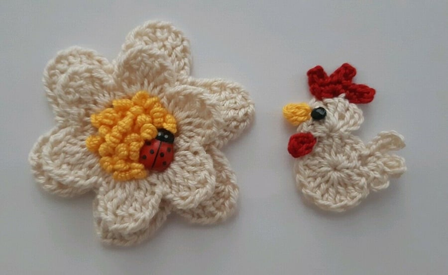 Crochet Flower & Chick - Scrapbooking- Embellishments- Cardmaking -Applique