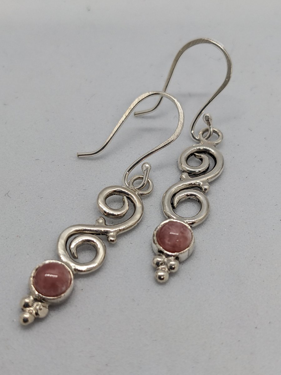 Handmade sterling silver scroll earrings with rhodochrosite stones