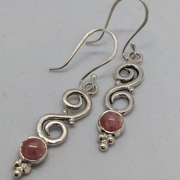 Handmade sterling silver scroll earrings with rhodochrosite stones