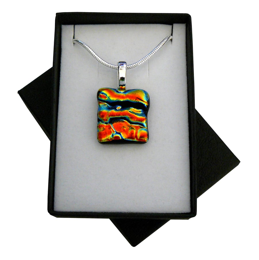 HANDMADE FUSED DICHROIC GLASS 'FIRE' PENDANT.