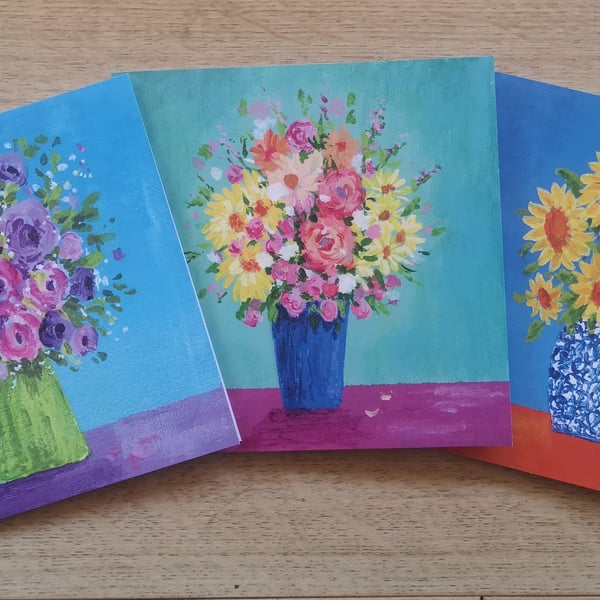 Three flower vase greetings cards