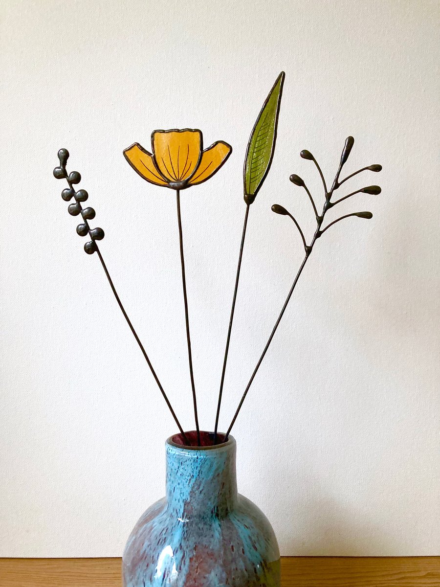 Forever Eternal Wild Flowers on stems - Handmade Stained Glass Flowers