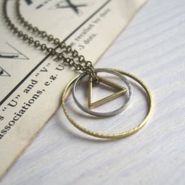 Mixed Geometric charm necklace - petite circles and triangle - mixed metals