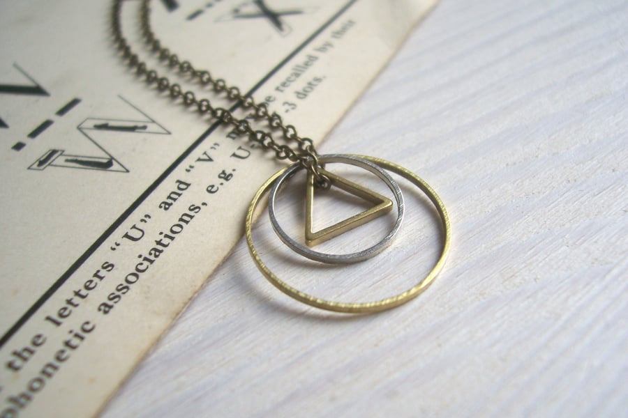 Mixed Geometric charm necklace - petite circles and triangle - mixed metals