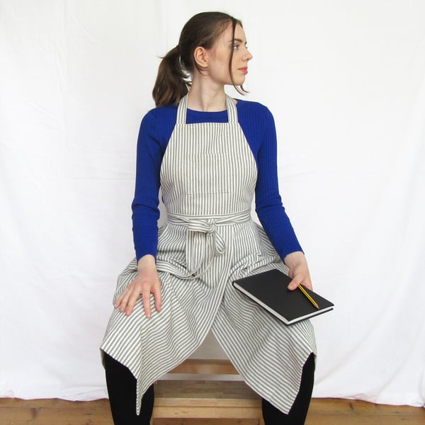 Potters Apron with Split Leg, Pleated Skirt and Pockets. Cotton Ticking Stripe.