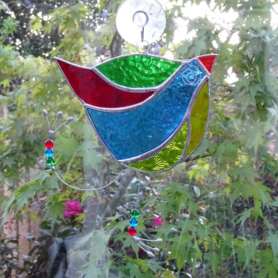 Stained Glass Funky Bird Suncatcher  - Handmade Hanging Decoration Multi  