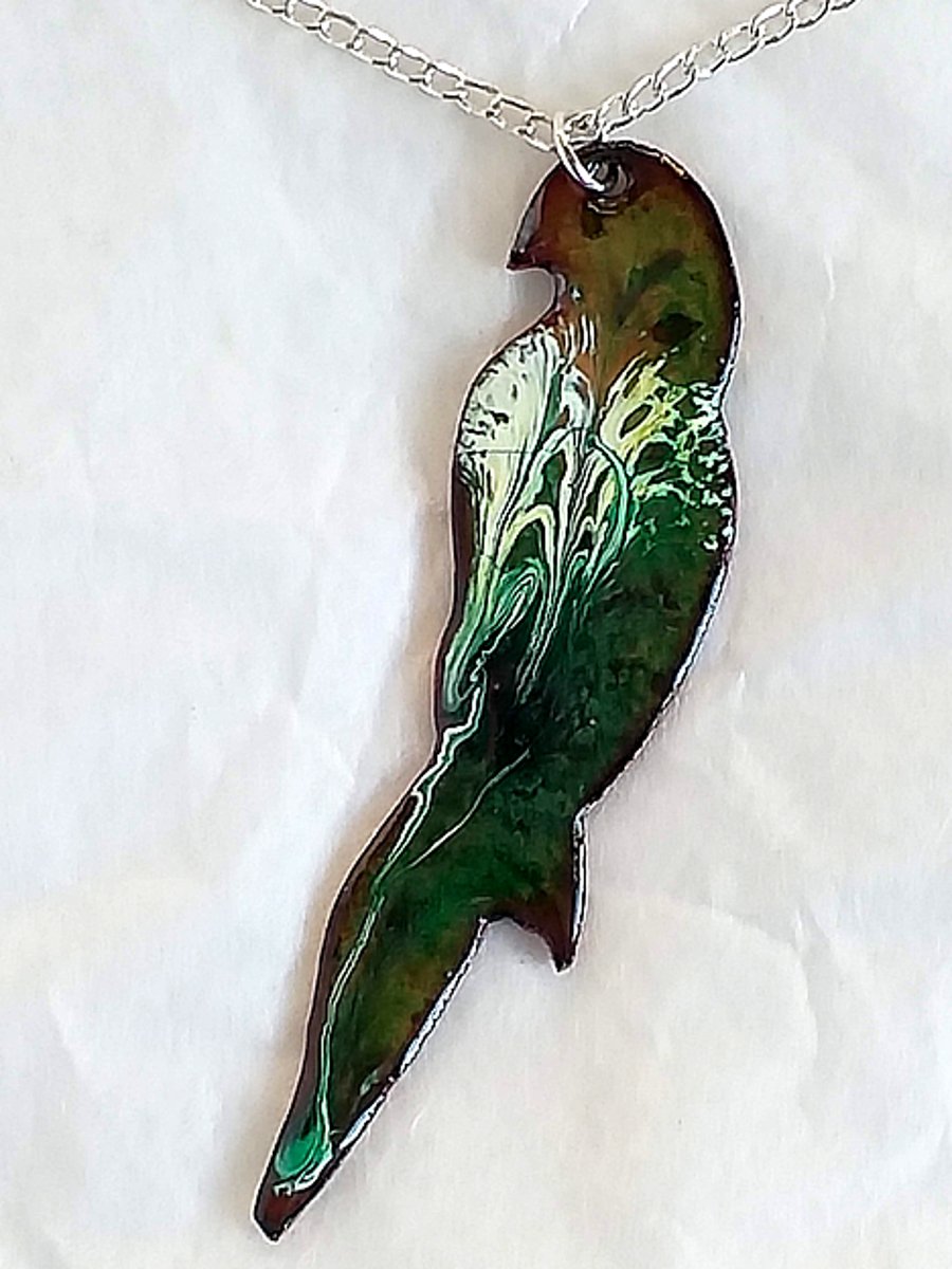 pendant  - parrot, scrolled white on green enamel 