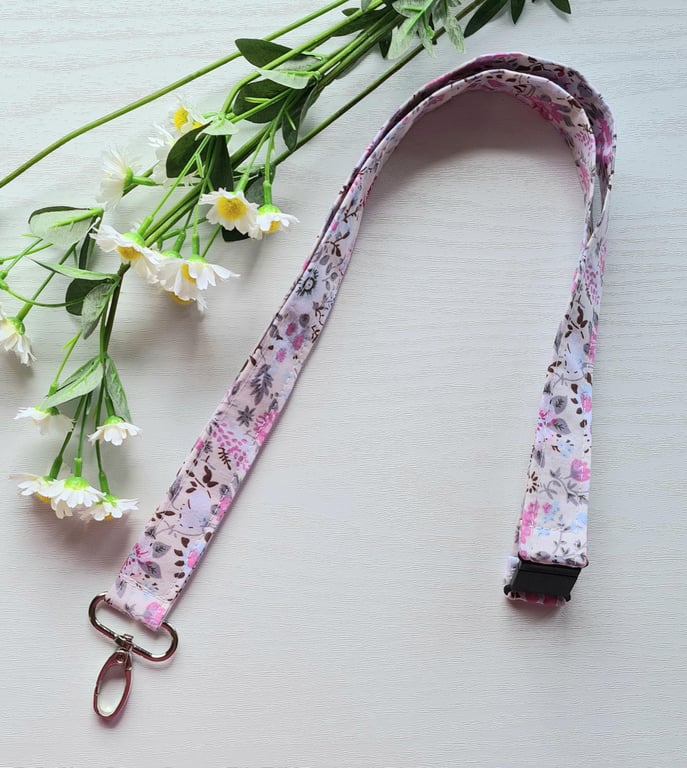 Handmade Floral Lanyard Pale Pink Cotton, Breakaway Safety Catch, Teacher Gift