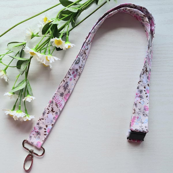 Handmade Floral Lanyard Pale Pink Cotton, Breakaway Safety Catch, Teacher Gift