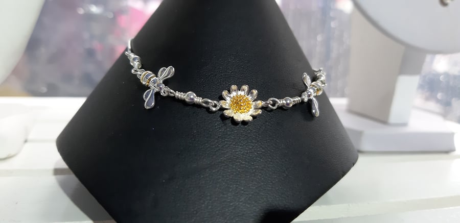 Sterling Silver Daisy and Bee Slider Bracelet