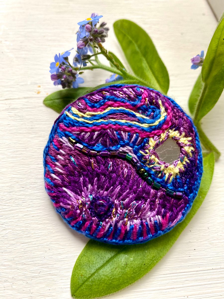  Hand Embroidered Circular Brooch, Vibrant purples 