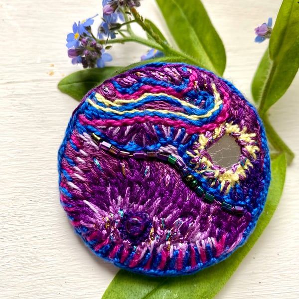  Hand Embroidered Circular Brooch, Vibrant purples 