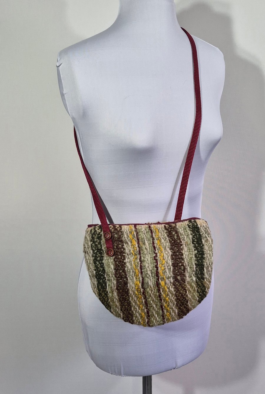 Semicircular Hand Woven Shoulder Bag.with Zip Closure in Greens and Browns.
