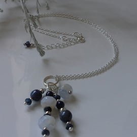 Blue Sapphire & Blue Opal Cluster Pendant Necklace  Sterling Silver