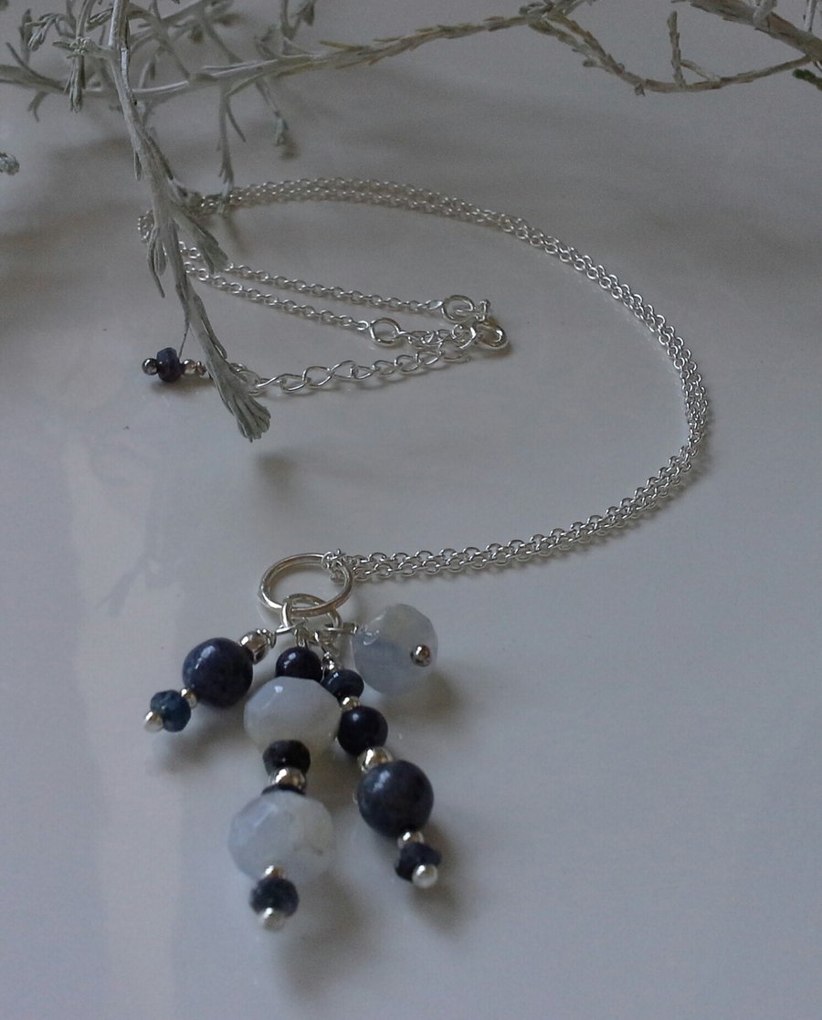 Blue Sapphire & Blue Opal Cluster Pendant Necklace  Sterling Silver