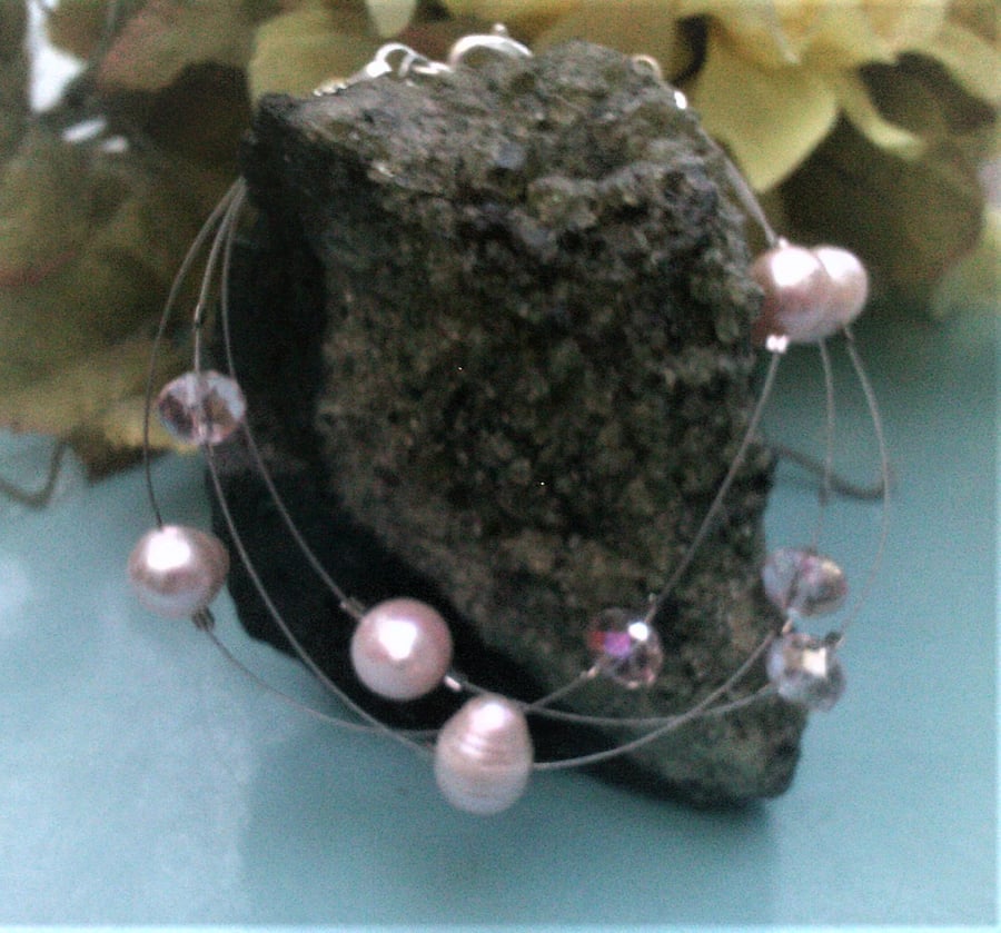 Floating Freshwater Pearl Crystal Bracelet, White Pearl Pink Crystal Gift