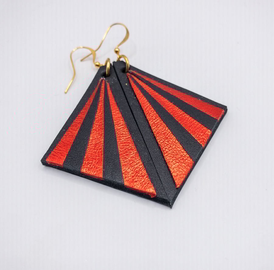 Red & Black Art Deco inspired handmade leather earrings. Elegant & lightweight