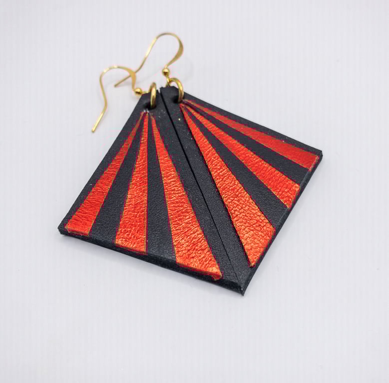 Red & Black Art Deco inspired handmade leather earrings. Elegant & lightweight