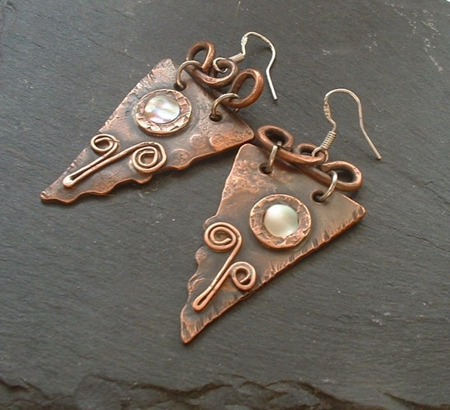 Artisan Copper Flower Earrings with Mother of Pearl