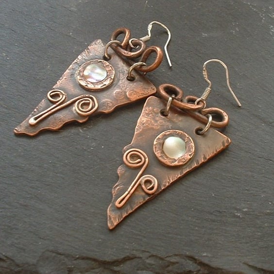 Artisan Copper Flower Earrings with Mother of Pearl
