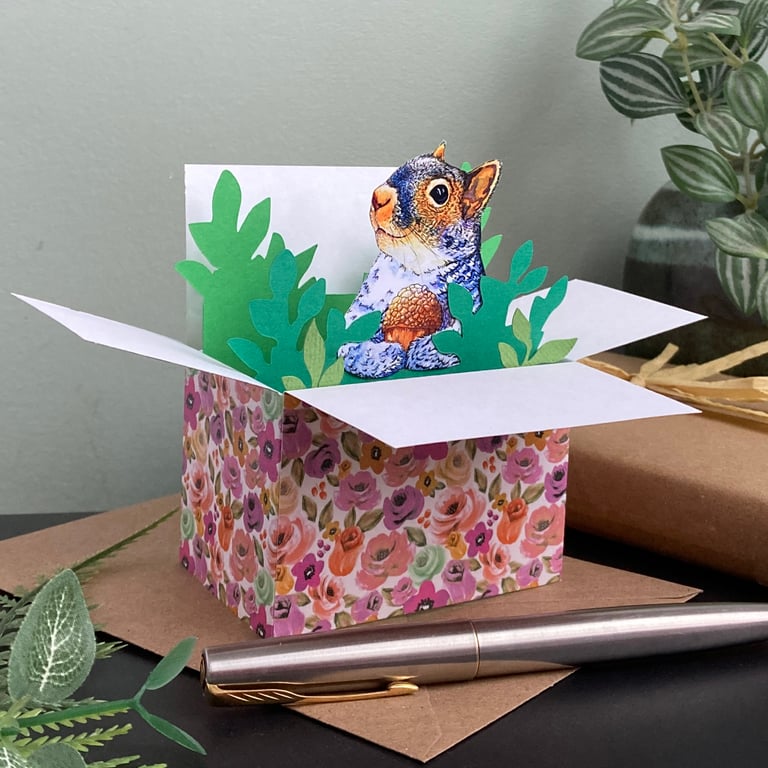 Grey Squirrel Card. Blank or Personalised 3D box card or Gift Card Holder