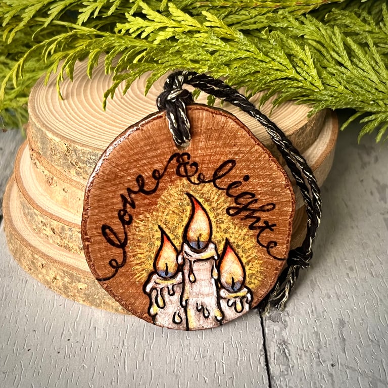 Candle trio. Pyrography hanging decoration. Love and Light.