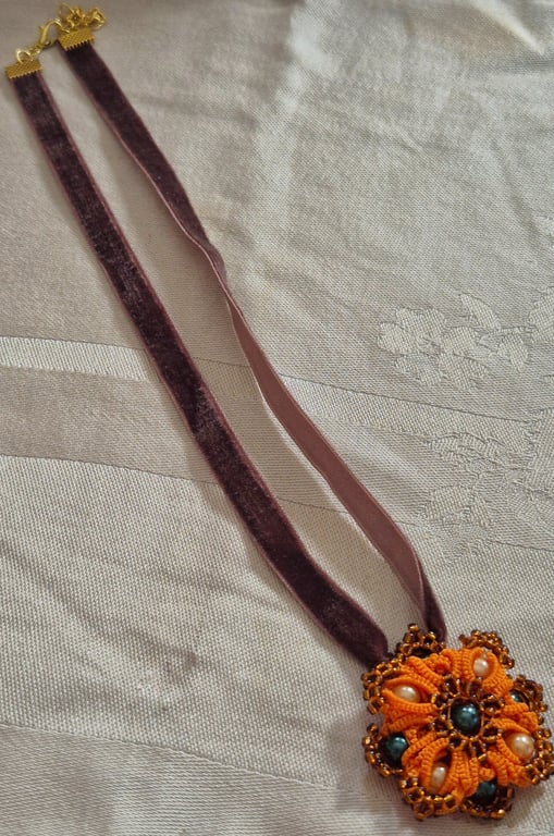 Orange Lace Pendant Necklace – Handmade Tatted Jewellery with Pearls