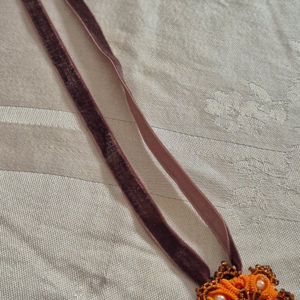 Orange Lace Pendant Necklace – Handmade Tatted Jewellery with Pearls