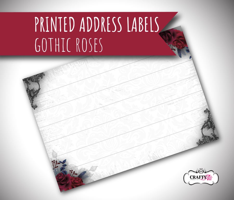 Printed self-adhesive address labels, dark gothic roses