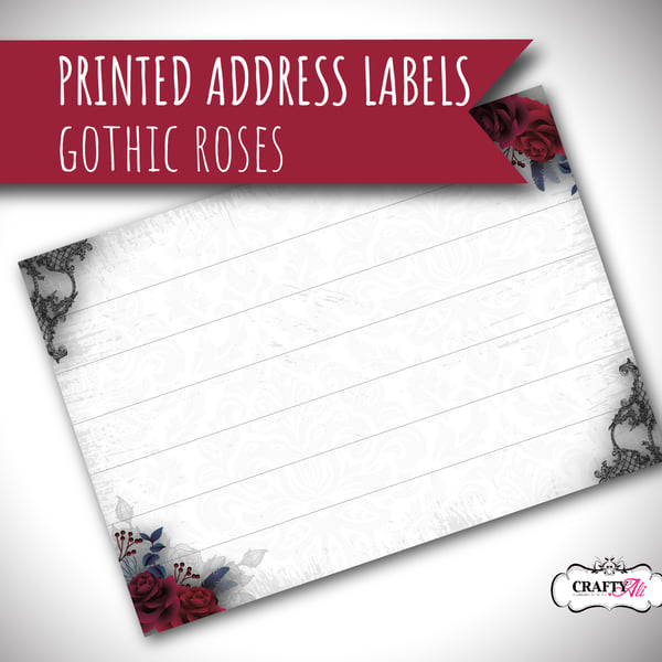 Printed self-adhesive address labels, dark gothic roses