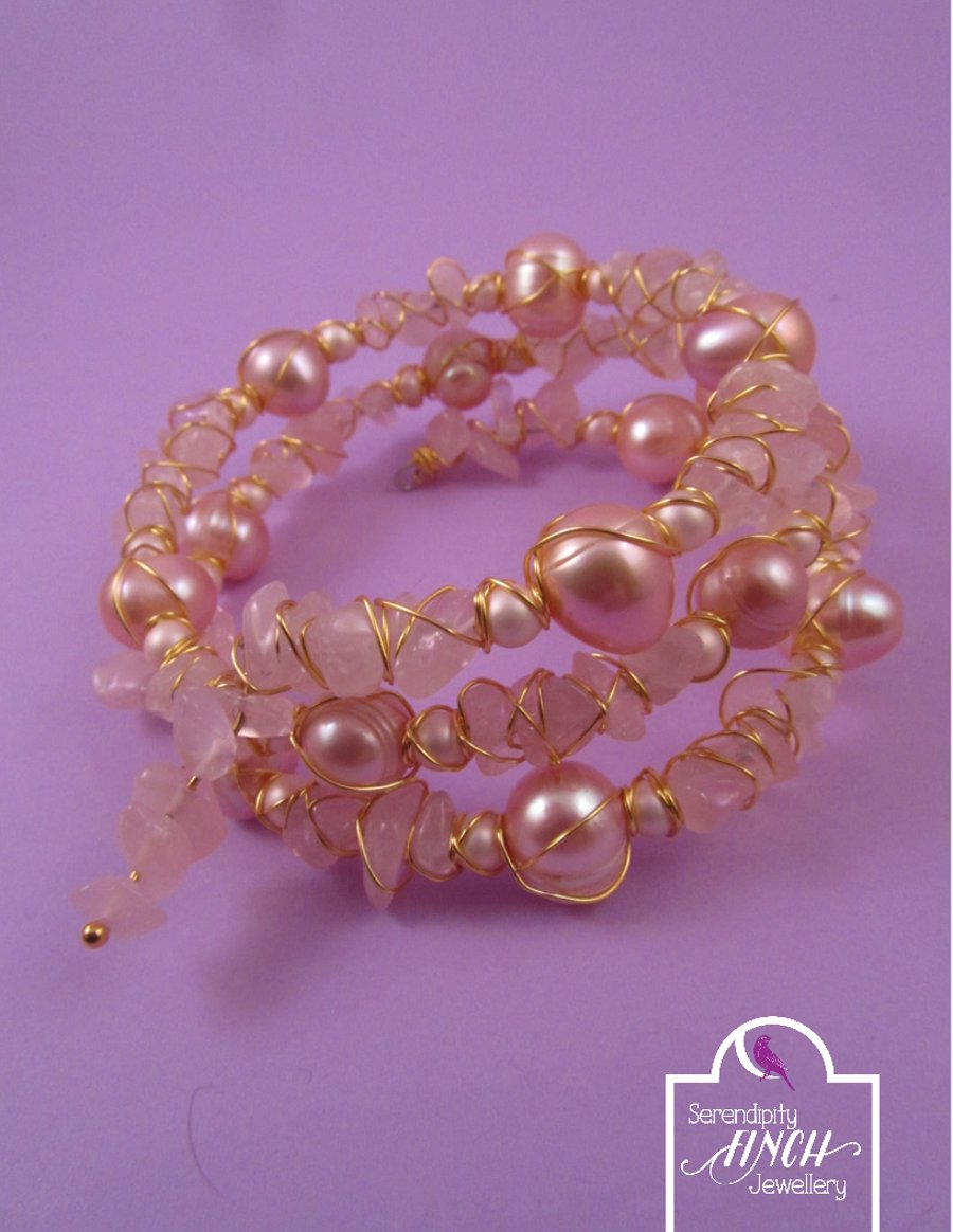 Peach Pearl, Rose Quartz Wire Wrapped Memory Wire Bracelet