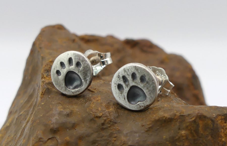 Recycled Sterling Silver Pawprint Stud Earrings with a Black Patina.