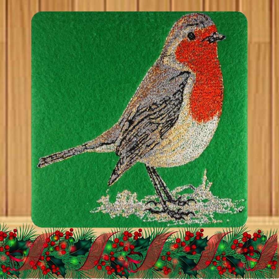 Handmade Robin Christmas card embroidered design