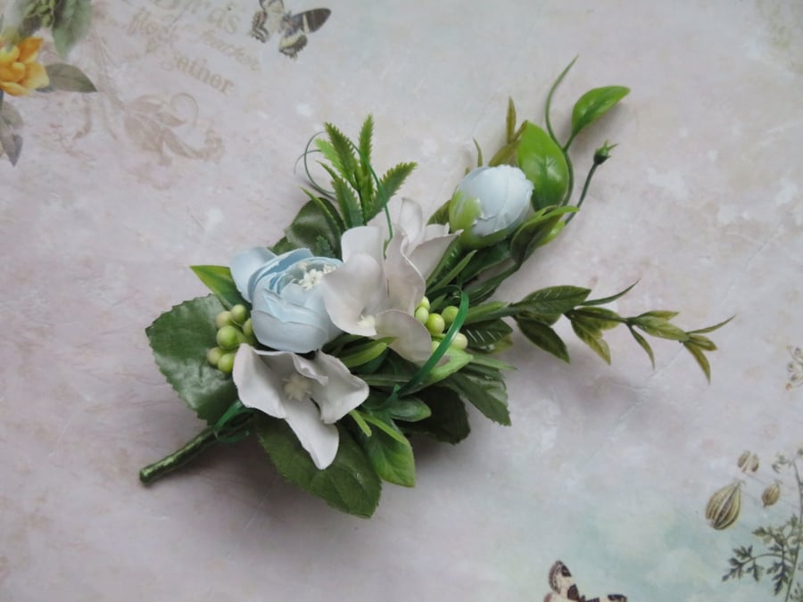 Green Pale Blue & Ivory Regency Botanical Flower Sprig Headpiece 