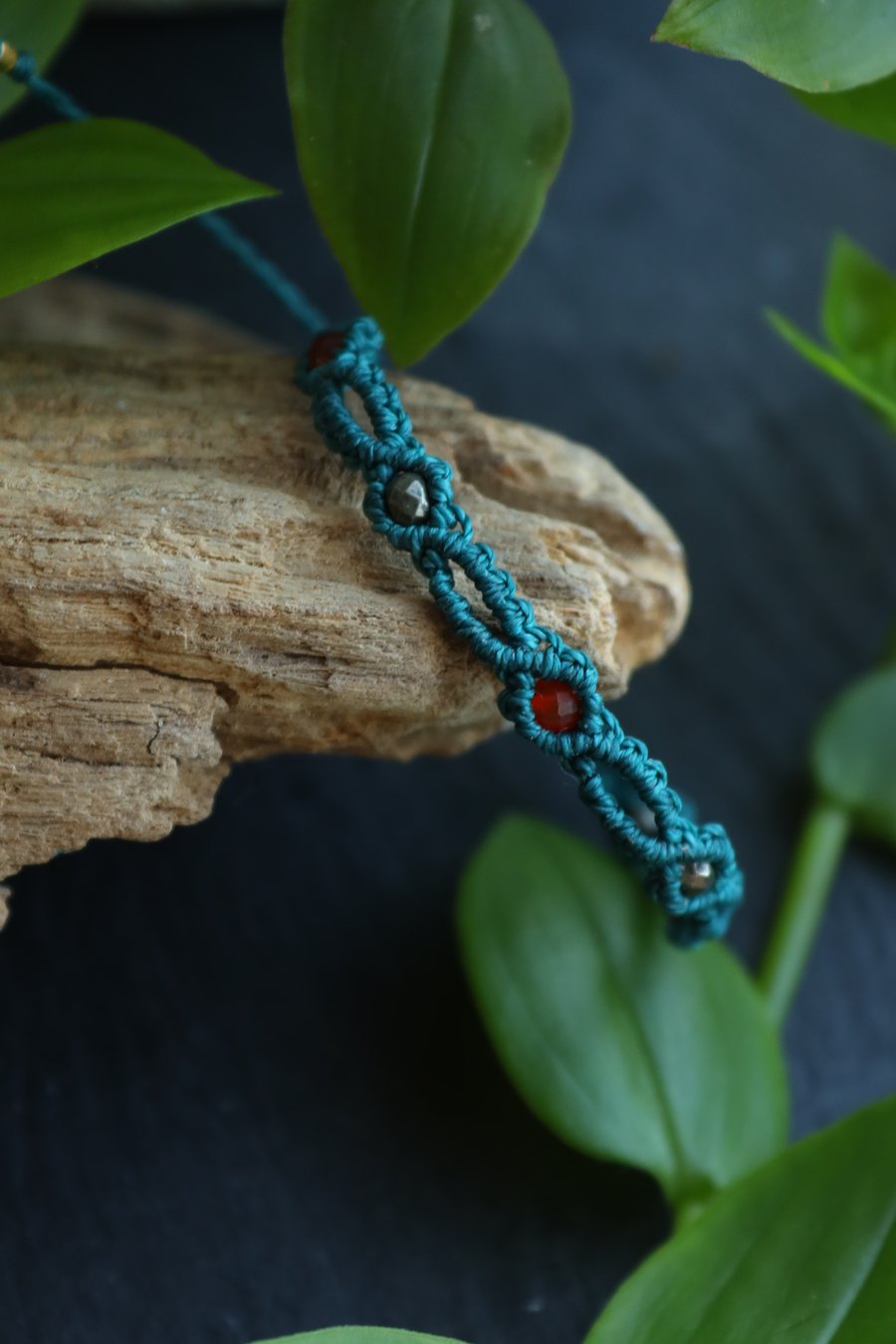 macrame bracelet with carnelian and pyrite stones in teal , boho style