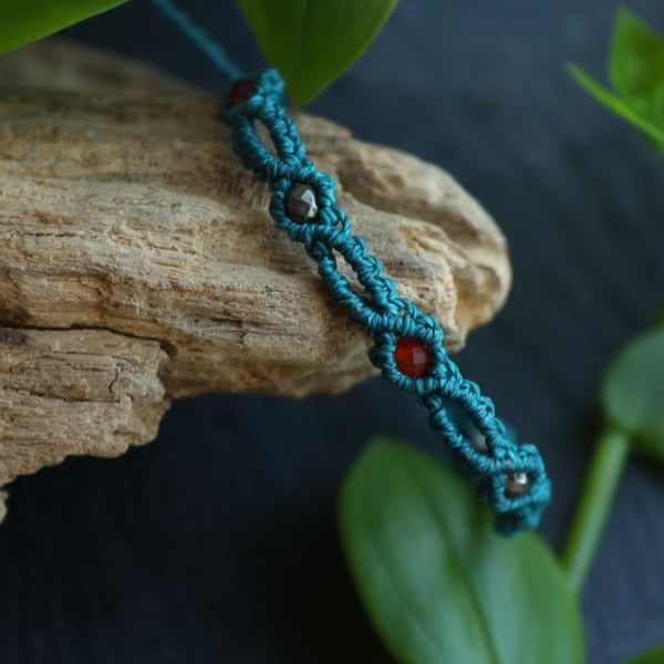 macrame bracelet with carnelian and pyrite stones in teal , boho style