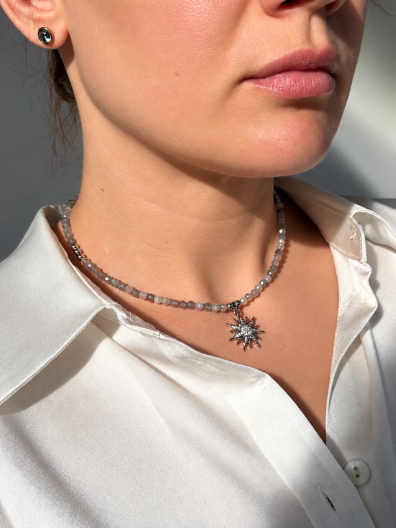 Labradorite Necklace with Sun Pendant, Handmade Gemstone Jewellery