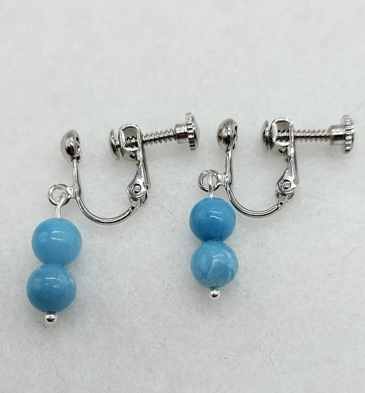 Larimar Drop Earrings with CLIP Ear hooks for non-pierced ears