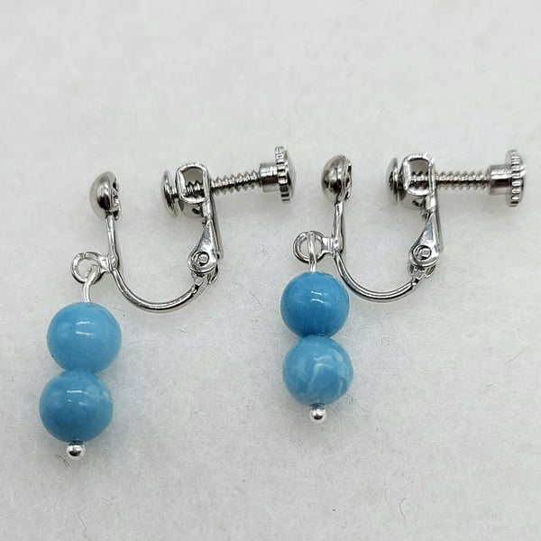 Larimar Drop Earrings with CLIP Ear hooks for non-pierced ears