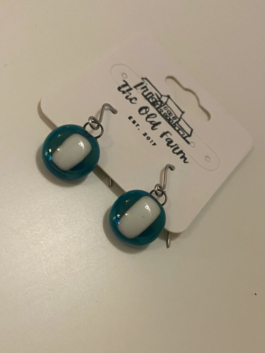 Beautiful Handmade Cream and Turquoise Fused Glass Sterling Silver Drop Earrings