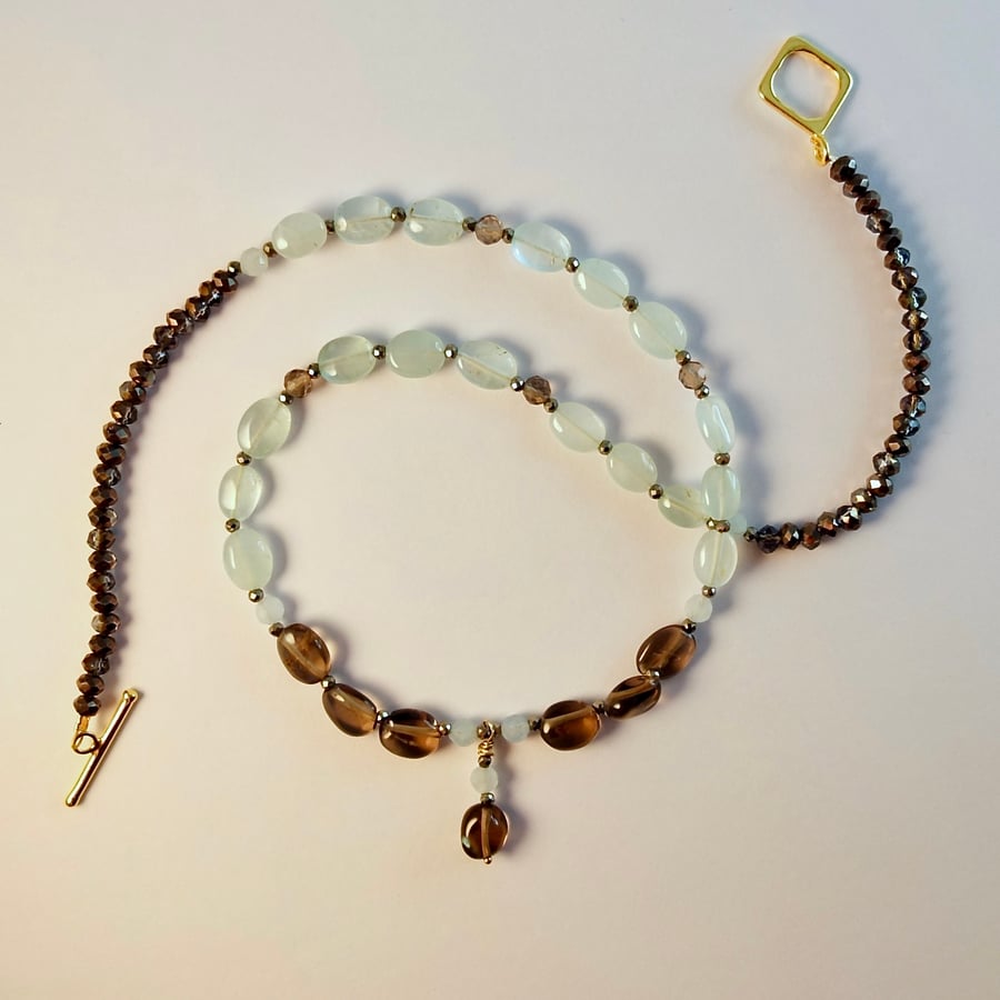 Aquamarine And Smoky Quartz Necklace With Pyrite - Handmade In Devon