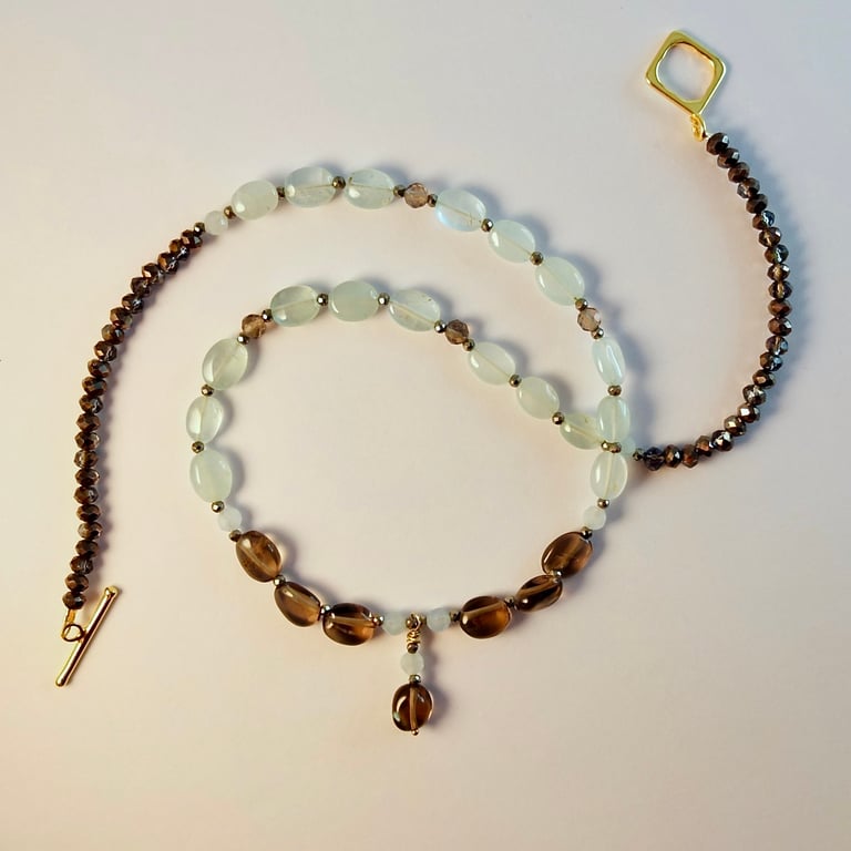Aquamarine And Smoky Quartz Necklace With Pyrite - Handmade In Devon