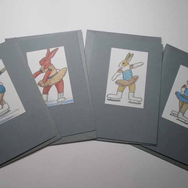 Bunny Rabbit Blank Greetings Card Set Notelet Skating Dancer Beautiful Bundle