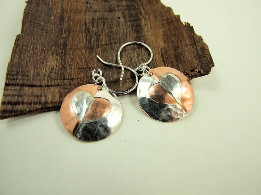 Earrings,  Sterling Silver and Copper Two Tone Hearts